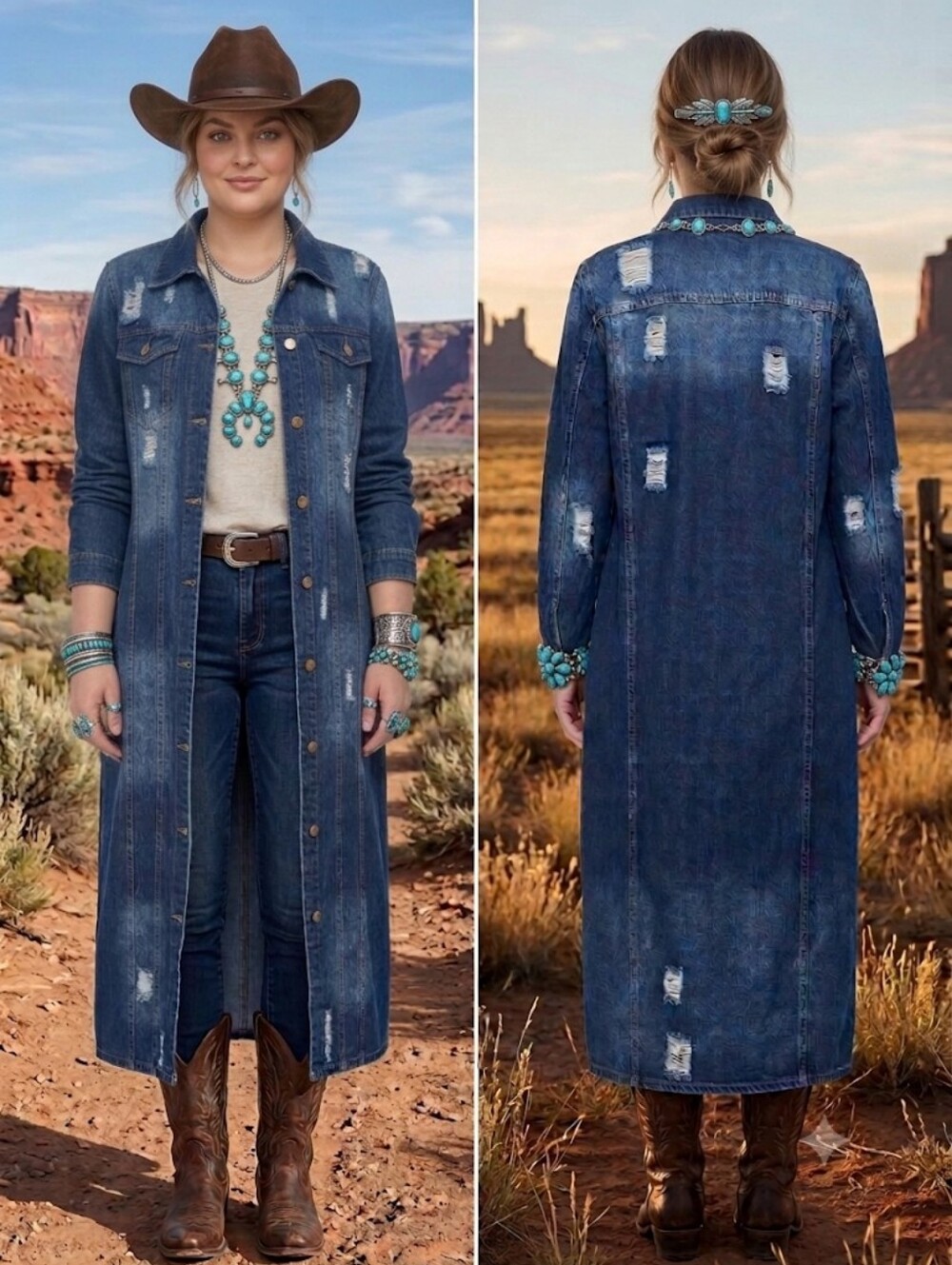 Actif Vie  Distressed Dark Wash Long Denim Dress /Maxi Duster Jacket